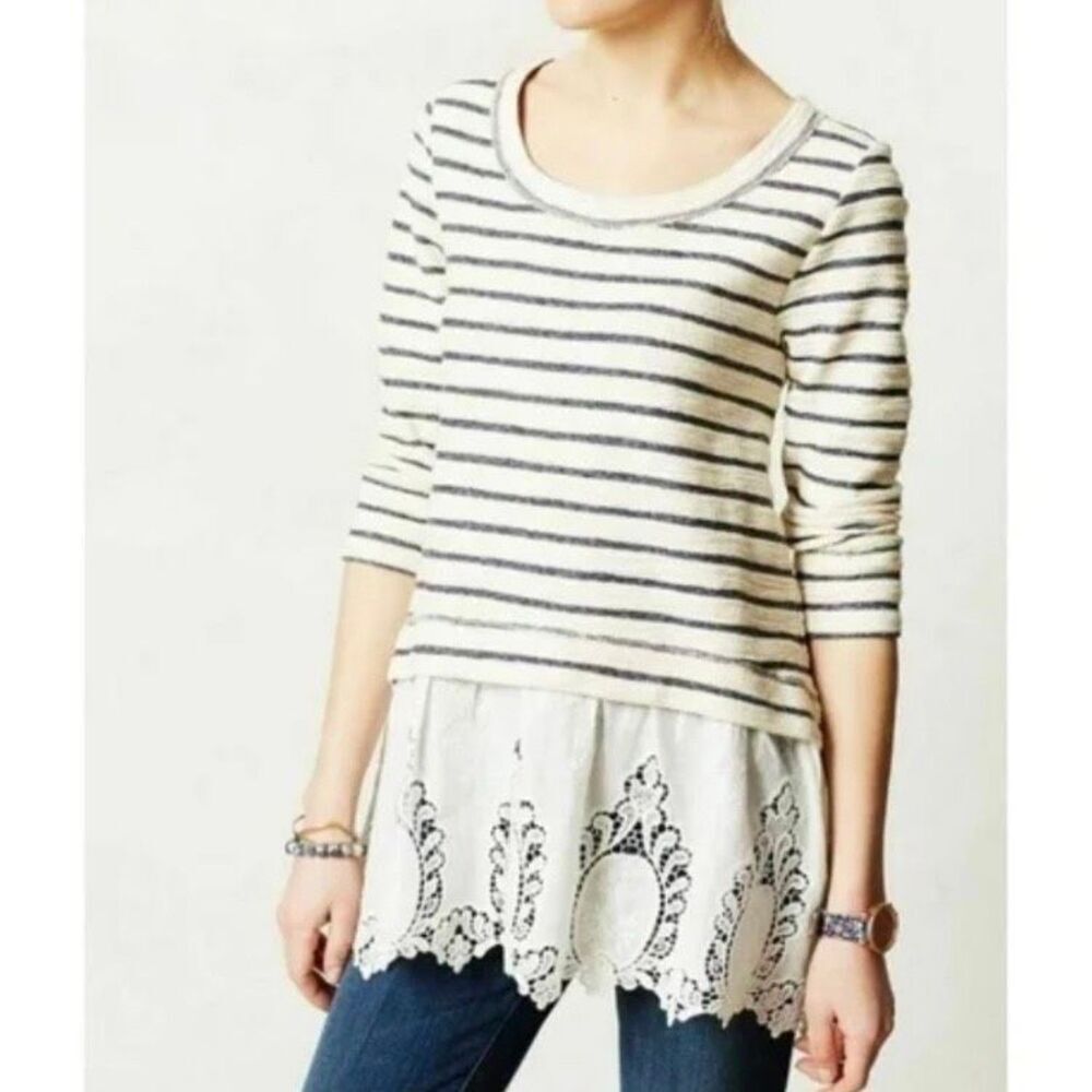 SUNDAY IN BROOKLYN x‎ ANTHROPOLOGIE | Striped Blue Cream White Lace Bow | Medium